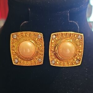 Vintage Avon Gold and Cream Earrings Rhinestone Accents Clip On